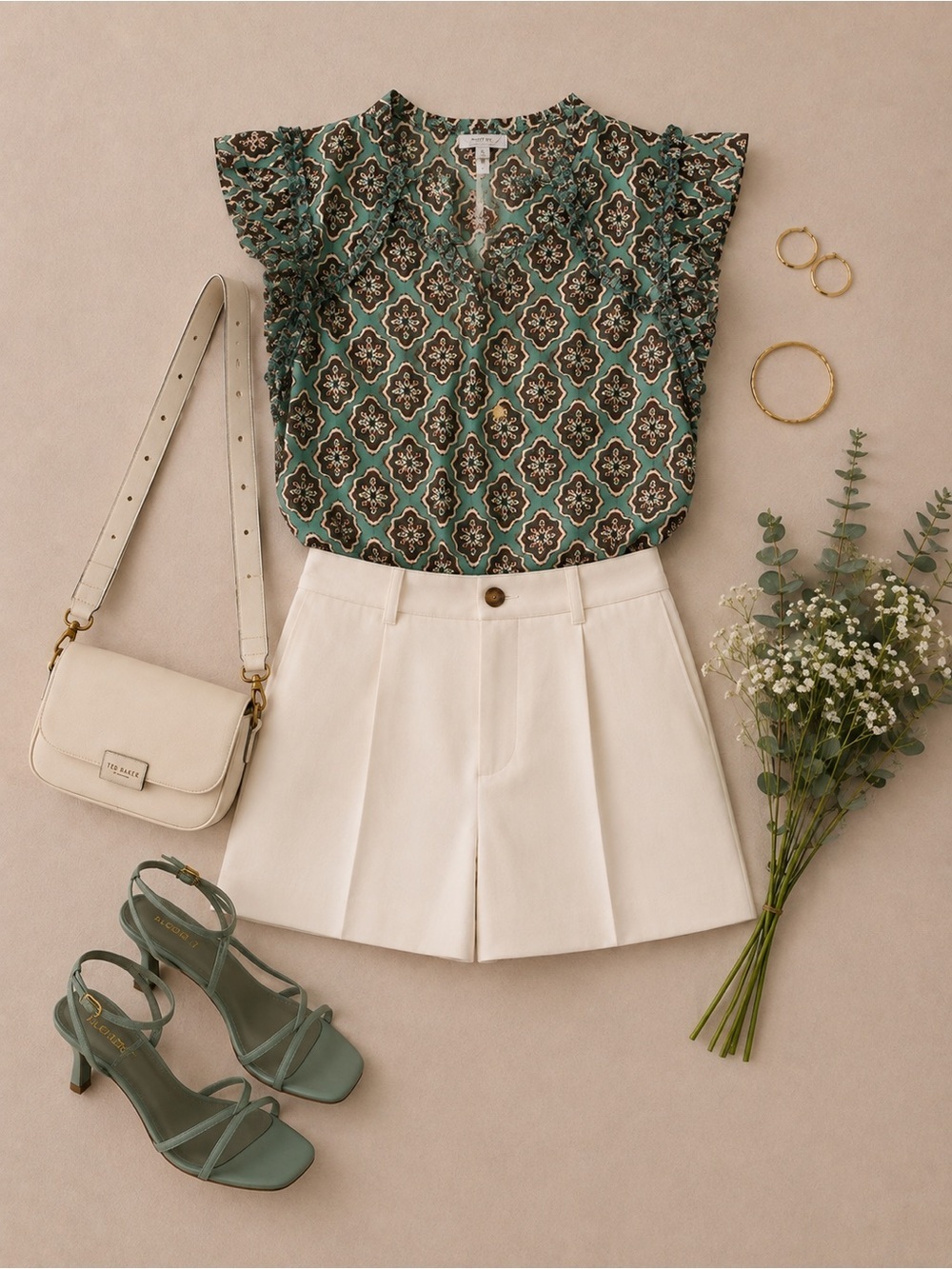 Mud Pie Beatrix Green Flutter Sleeve Printed Top